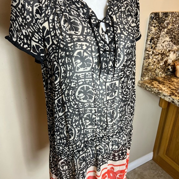 ANNA SUI Black Red Sheer Silk Border Print Lace Up Dress w Flounce. Size XS - Picture 8 of 10